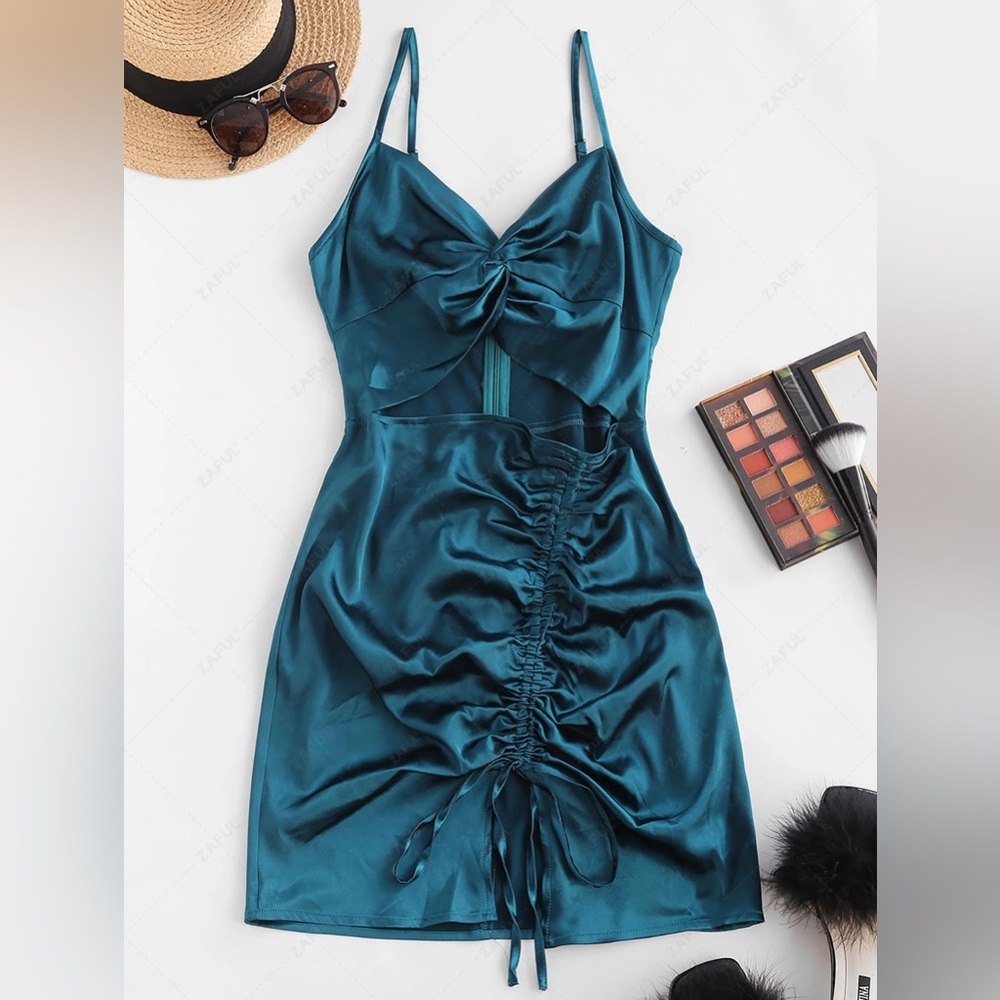 Teal Satin Ruched Dress